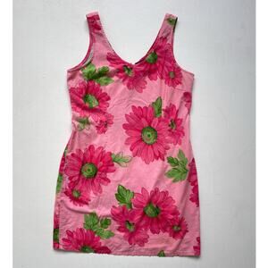 Vtg 90s Pink Floral Sleeveless Mini Cotton Shift Dress / 14 / Grunge Plus Size
